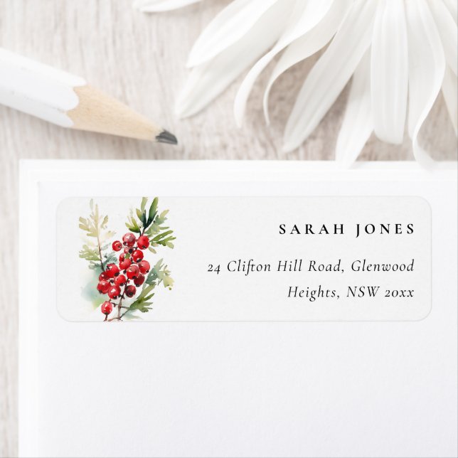 Red Berry Fir Winter Christmas Foliage Watercolor Label (Insitu)