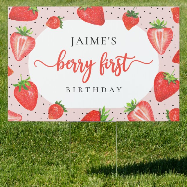 Red Berry First Birthday Strawberry Girl Birthday Sign (Insitu)