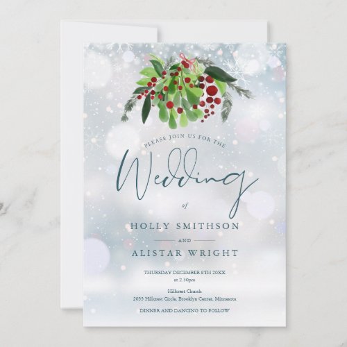 Red Berry Floral QR Code Winter Wedding Invitation
