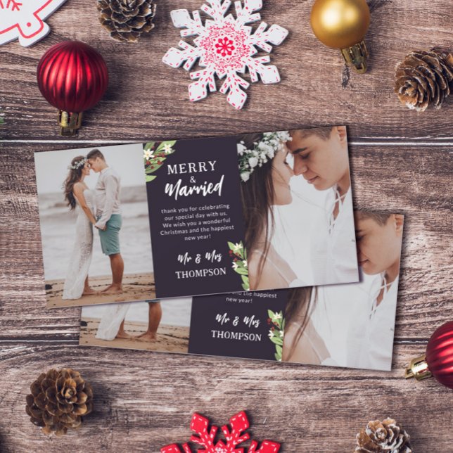 Red Berry Floral Twigs Merry Married Christmas Thank You Card (Creator Uploaded)