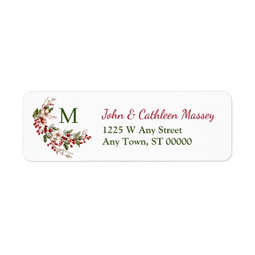 Red Berry Flower Monogram Christmas Return Address Label