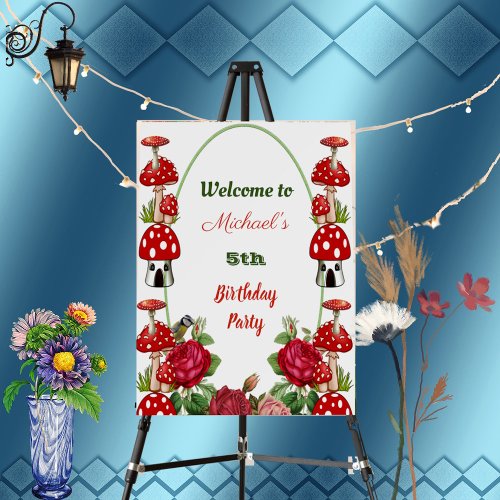 Red Berry Garden Toadstool Birthday Party Welcome  Foam Board