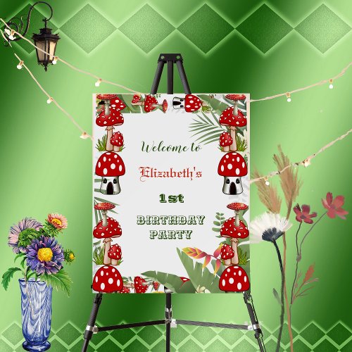 Red Berry Garden Toadstool Birthday Welcome Sign 