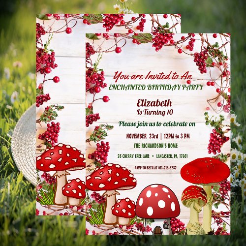 Red Berry Garden Toadstool Kids Birthday Party Invitation