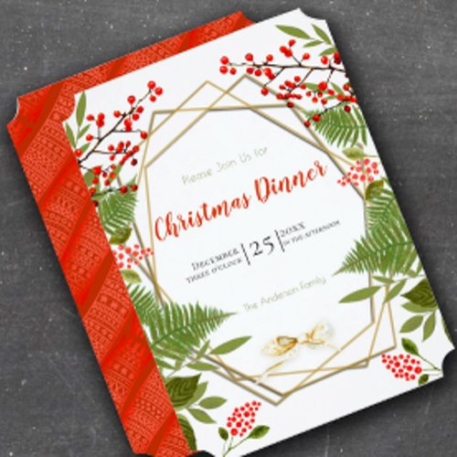 Red Berry Gold Geometric Frame Christmas Holiday Invitation