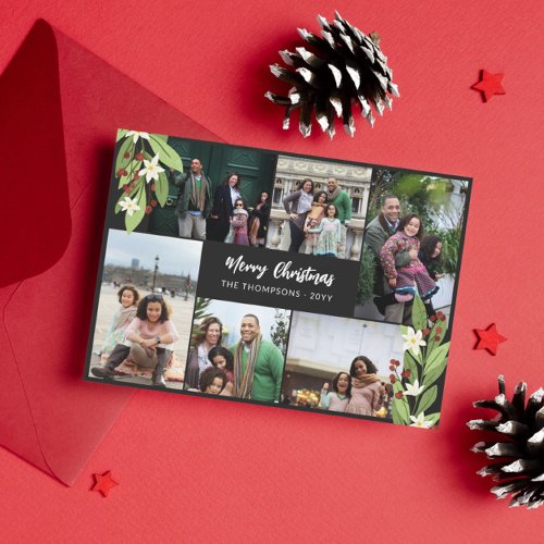 Red Berry Greenery Photo Collage Merry Christmas Holiday Card
