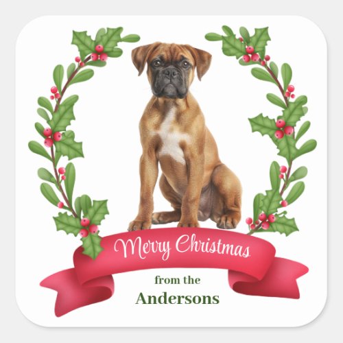 Red Berry Holly Banner Boxer Dog Christmas Square Sticker