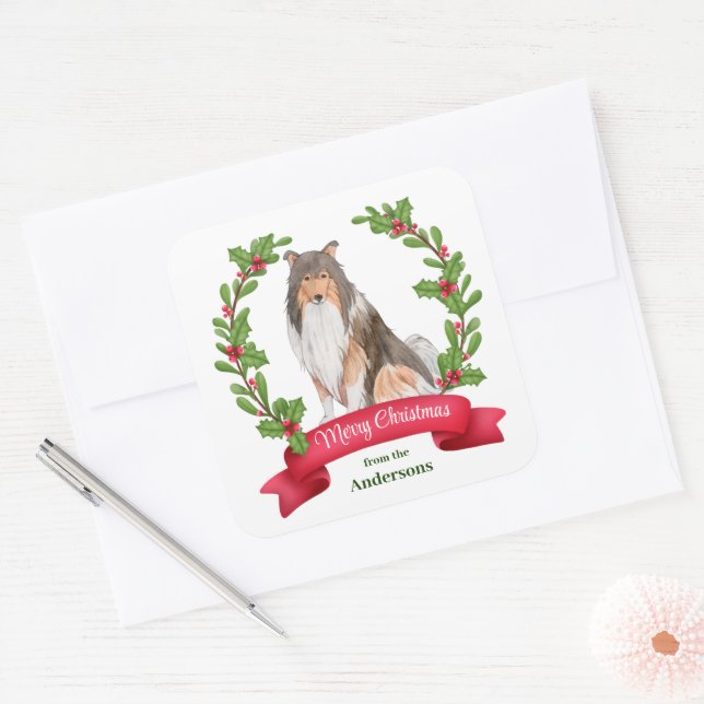 Red Berry Holly Banner Collie Dog Christmas Square Sticker (Envelope)
