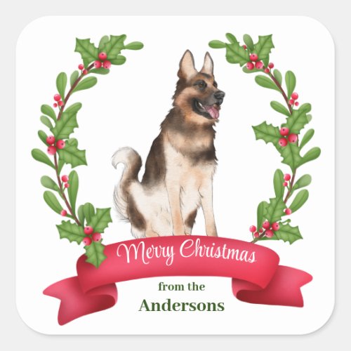 Red Berry Holly Banner German Shepherd Christmas  Square Sticker