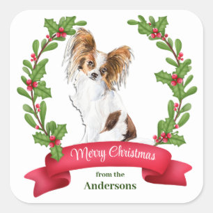 Red Berry Holly Banner Papillon Dog Christmas Square Sticker