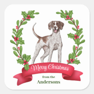 Red Berry Holly Banner Pointer Dog Christmas Square Sticker