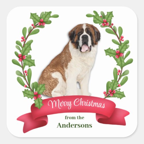 Red Berry Holly Banner St Bernard Dog Christmas Square Sticker