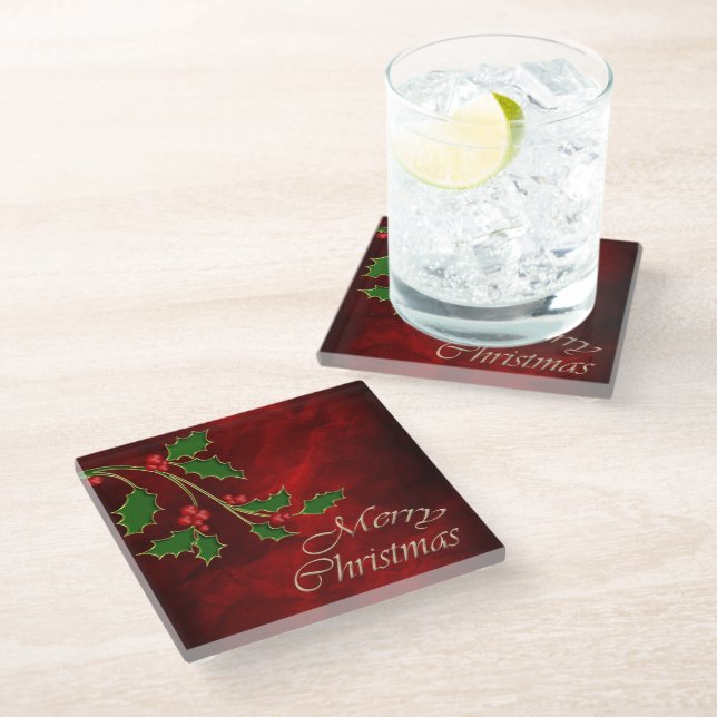Red Berry Holly Christmas Glass Coaster (Angled)