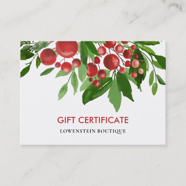 Red Berry Holly Christmas Holiday Gift Certificate (Front)