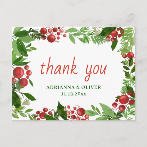 Red Berry Holly Leaves Christmas Wedding Thank You Postcard