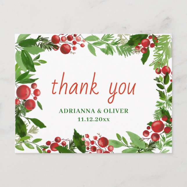 Red Berry Holly Leaves Christmas Wedding Thank You Postcard (Front)