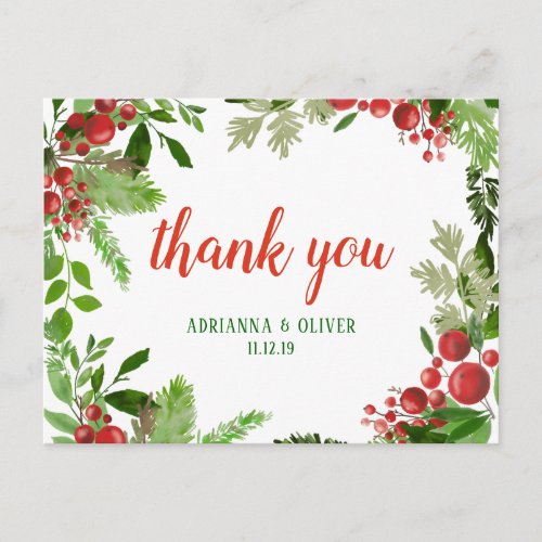 Red Berry Holly Leaves Christmas Wedding Thank You Postcard