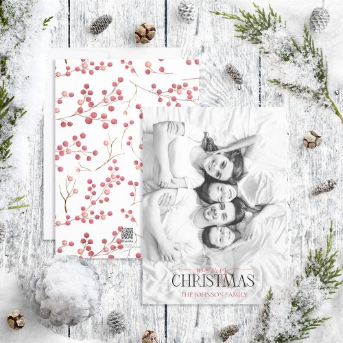 Red Berry Merry Christmas Black  White Photo Holi Holiday Card