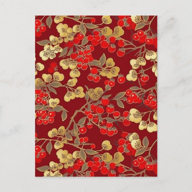 Red Berry Pattern Chiyogami  Postcard (Front)