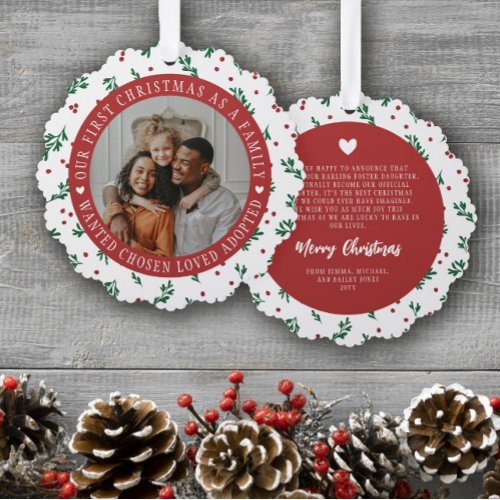 Red Berry Pattern First Christmas Adopted Family Ornament Card