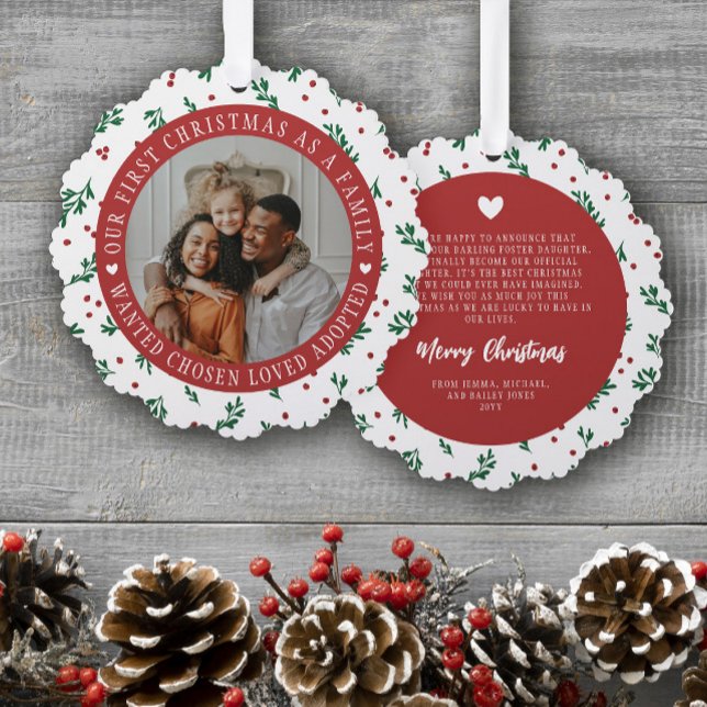 Red Berry Pattern First Christmas Adopted Family Ornament Card (Creator Uploaded)