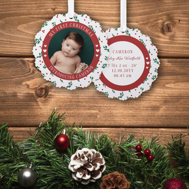Red Berry Pattern Introducing Baby 1st Christmas Ornament Card (Creator Uploaded)