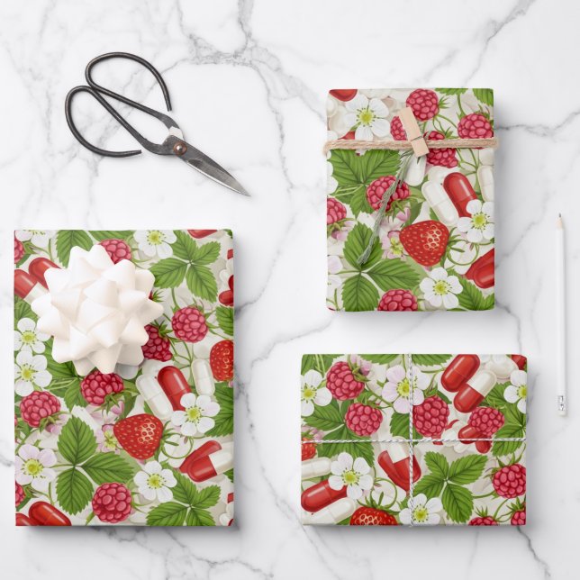 Red Berry & Pills Pharmacy Gift Wrapping Paper (Front)