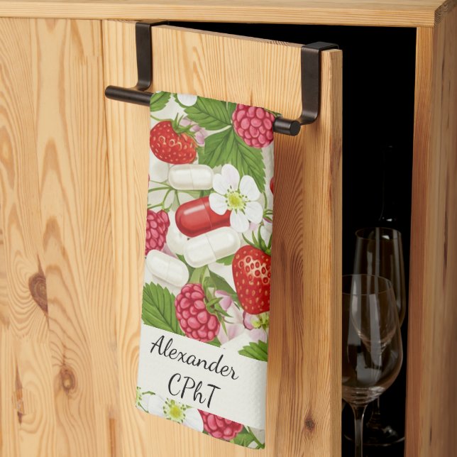 Red Berry & Pills Pharmacy Kitchen  Towel (Thirds Fold)