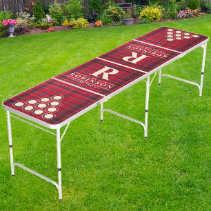 Red Berry Plaid Family Name & Initial Beer Pong Table