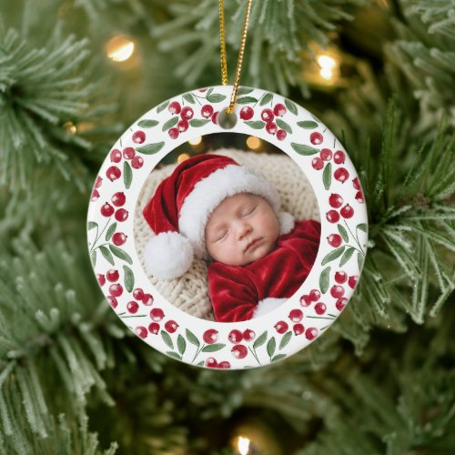 Red Berry Sprig Frame First Christmas Photo Ceramic Ornament