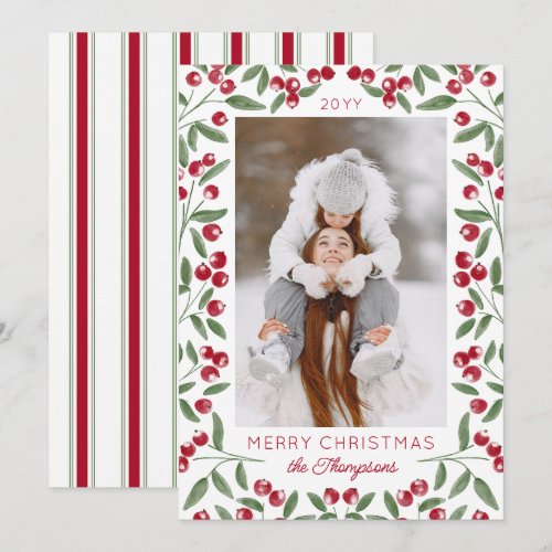 Red Berry Sprig Frame Merry Christmas Photo Holiday Card