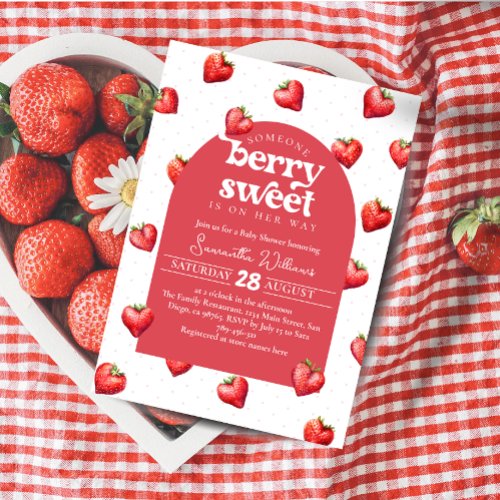 Red Berry Sweet Strawberry Girl Baby Shower   Invitation