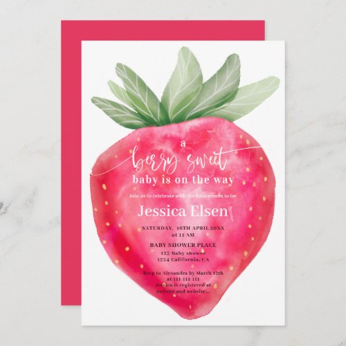 Red berry sweet watercolor strawberry baby shower invitation