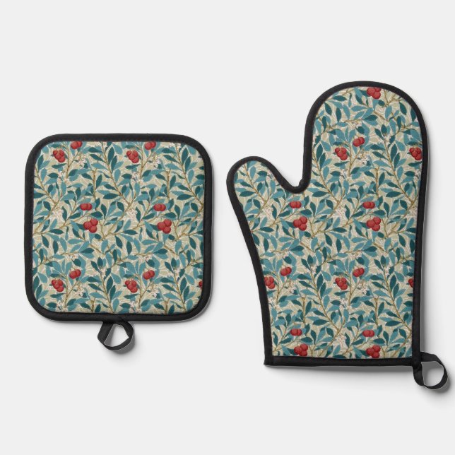 Red Berry Tree, William Morris Oven Mitt & Pot Holder Set (Front)