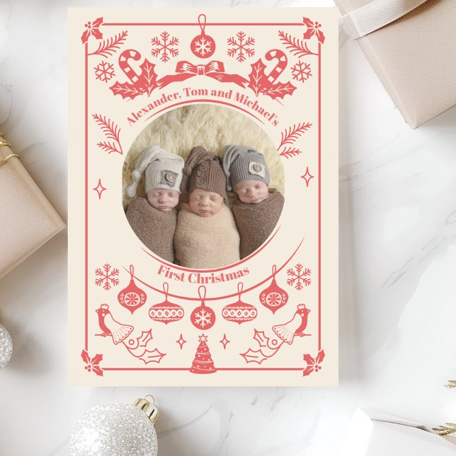 Red Berry Triplets Baby First Christmas Holiday Card (Creator Uploaded)