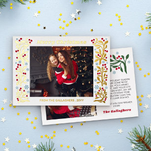 Red Berry Twig Snowflakes Frame Merry Christmas Foil Holiday Card