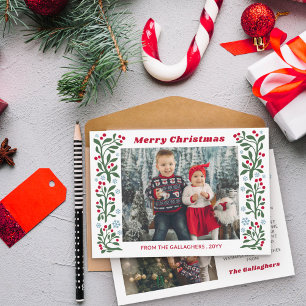 Red Berry Twig Snowflakes Frame Merry Christmas Holiday Card