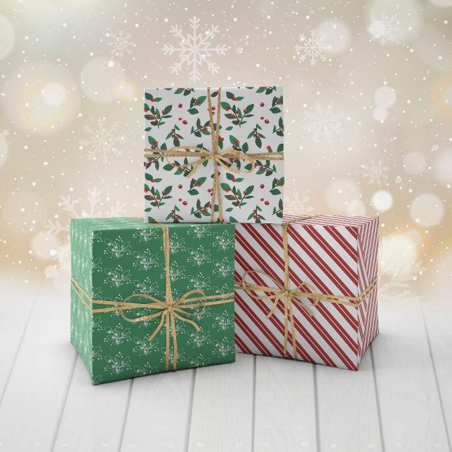 Red Berry Twigs Mixed Christmas Patterns Wrapping Paper Sheets (Creator Uploaded)