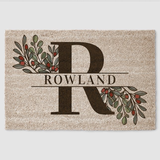 Red Berry Twigs Name & Monogram Fiber Doormat (Front)