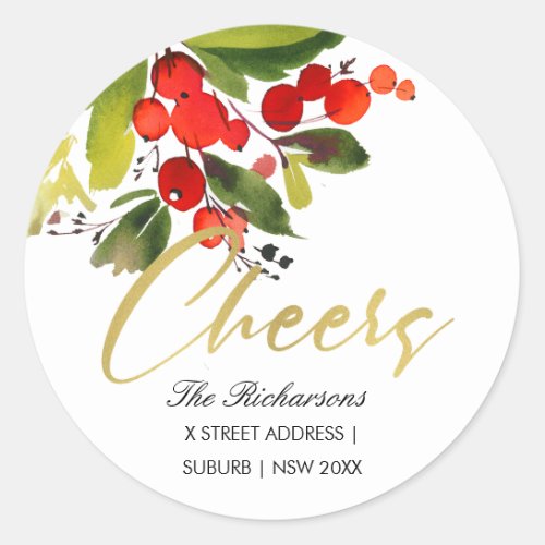 RED BERRY WATERCOLOR CHRISTMAS CHEERS ADDRESS CLASSIC ROUND STICKER
