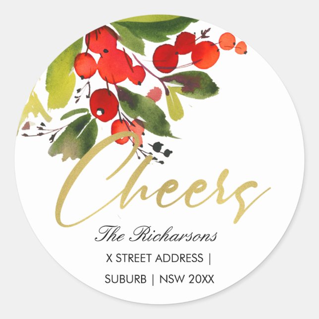 RED BERRY WATERCOLOR CHRISTMAS CHEERS ADDRESS CLASSIC ROUND STICKER (Front)