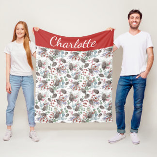 Red Berry Watercolor Monogram Name Christmas Fleece Blanket
