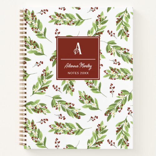 Red Berry White Floral Twig Pattern Monogrammed Notebook