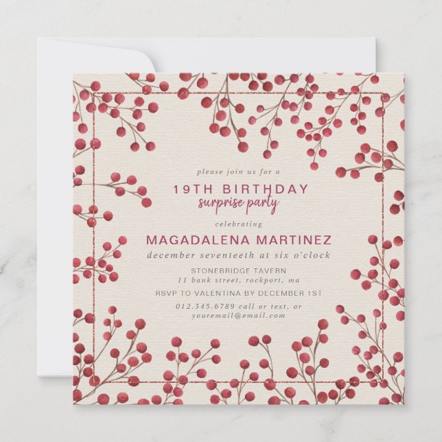 Red Berry Winter 19TH Birthday Surprise Party Invitation (Front)
