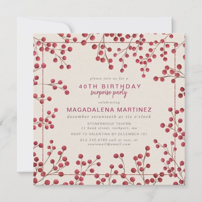Red Berry Winter 40th Birthday Surprise Party Invitation (Front)