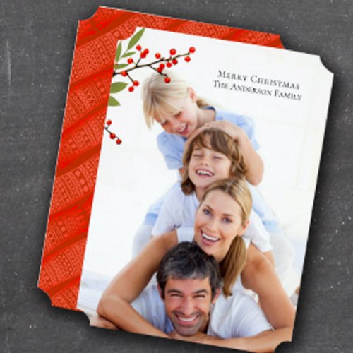 Red Berry Winter Green with Family Christmas Photo Invitation