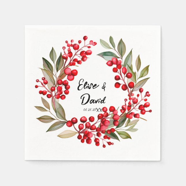 Red Berry Wreath Christmas Wedding Napkins (Front)