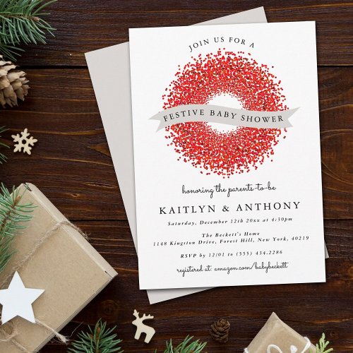 Red Berry Wreath Festive Christmas Baby Shower Invitation