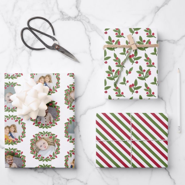 Red Berry Wreath Photo Collage Christmas Wrapping Paper Sheets (Front)