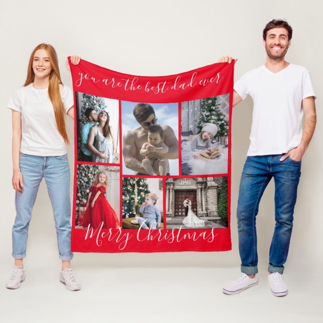 Red Best Dad Ever Merry Christmas Photo Collage Fleece Blanket (In Situ)